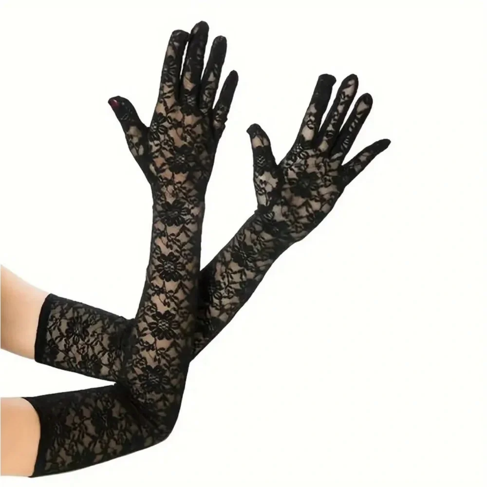 Black Lace Elbow Gloves Floral NEW